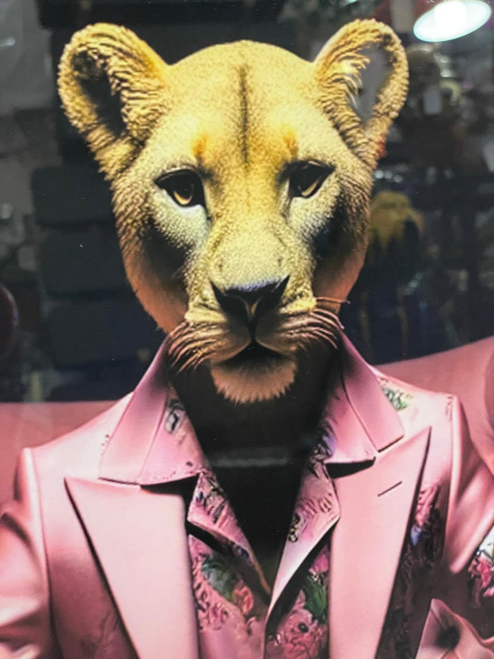 Graphite frame Lioness in a pink floral suit & couch wall art