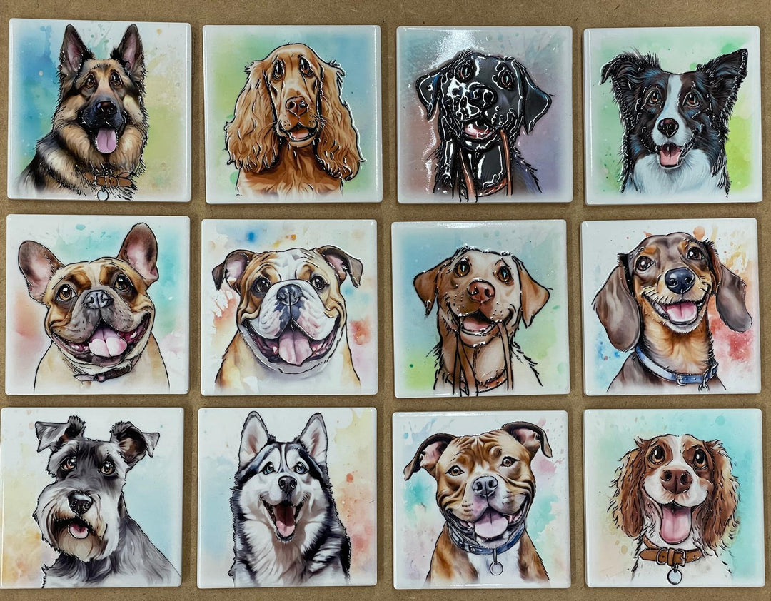 Dog breeds coasters handpainted tube lined artwork ceramic square cork backing