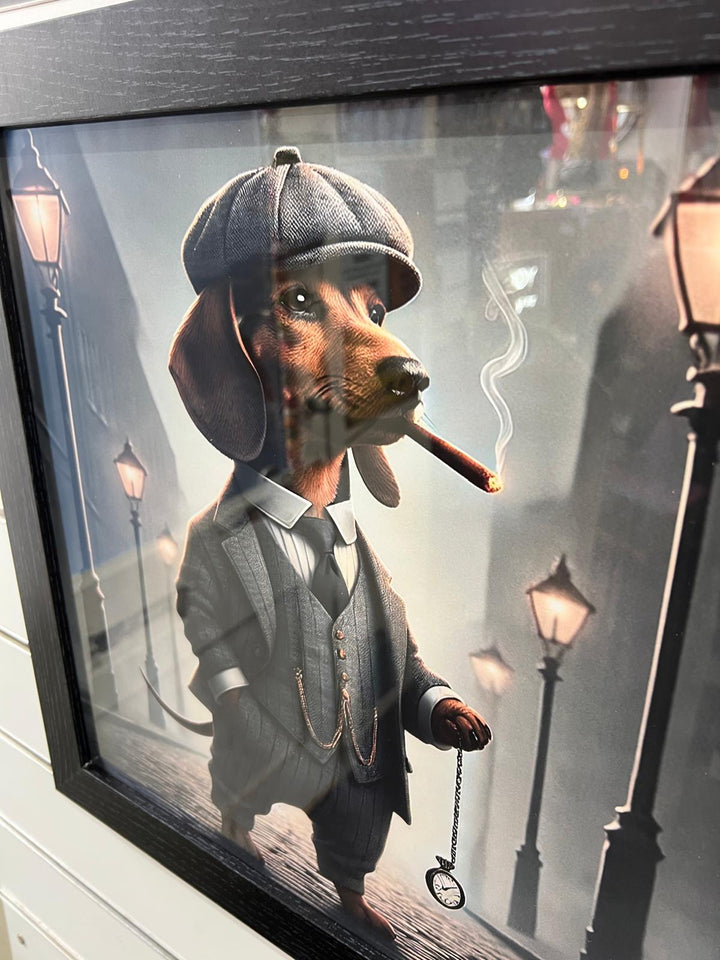 Black framed Dachshund dog in a suit & hat picture