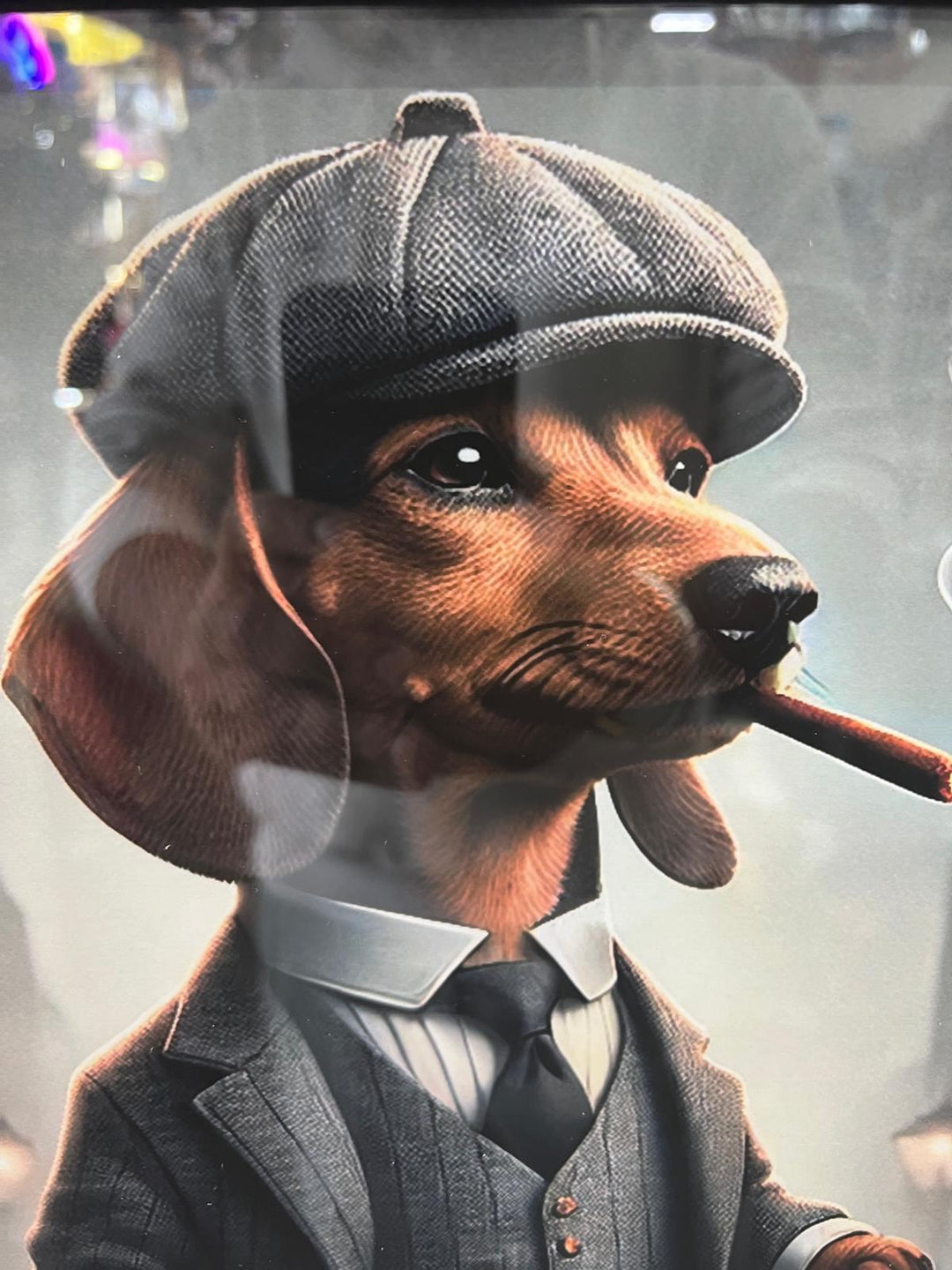 Black framed Dachshund dog in a suit & hat picture
