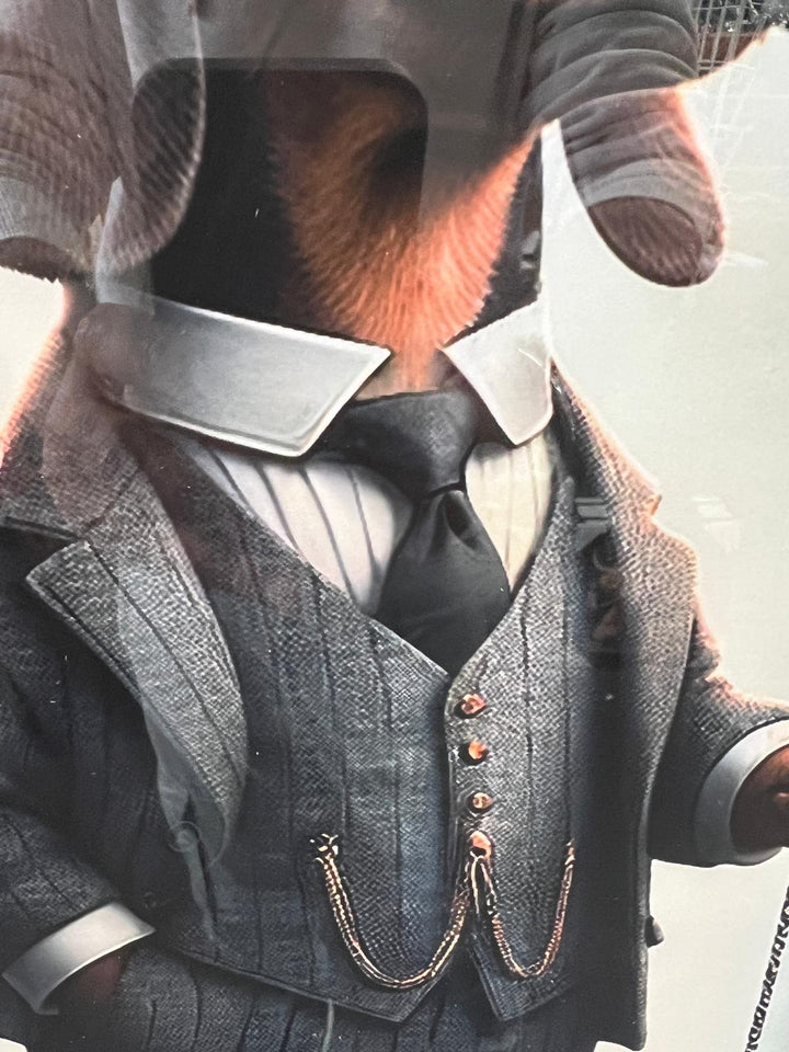 Black framed Dachshund dog in a suit & hat picture