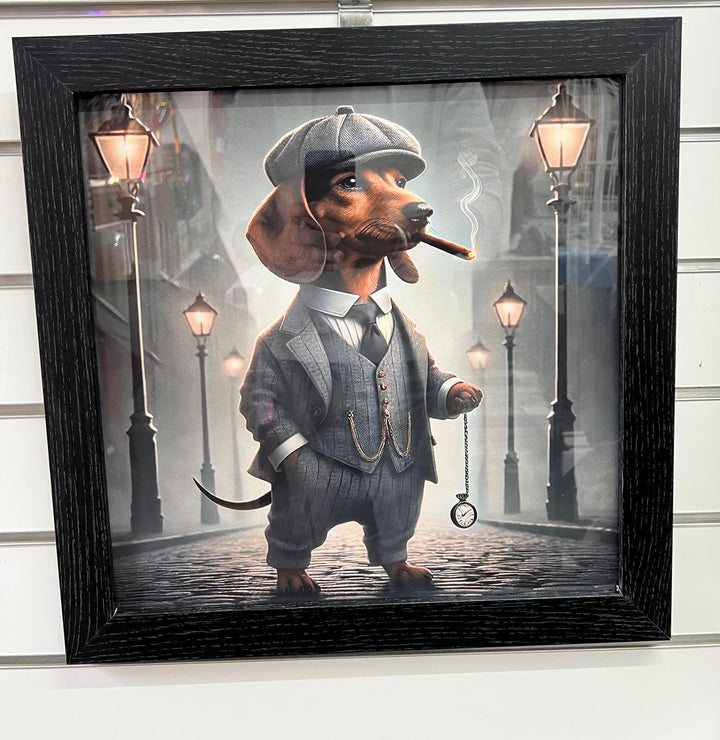Black framed Dachshund dog in a suit & hat picture