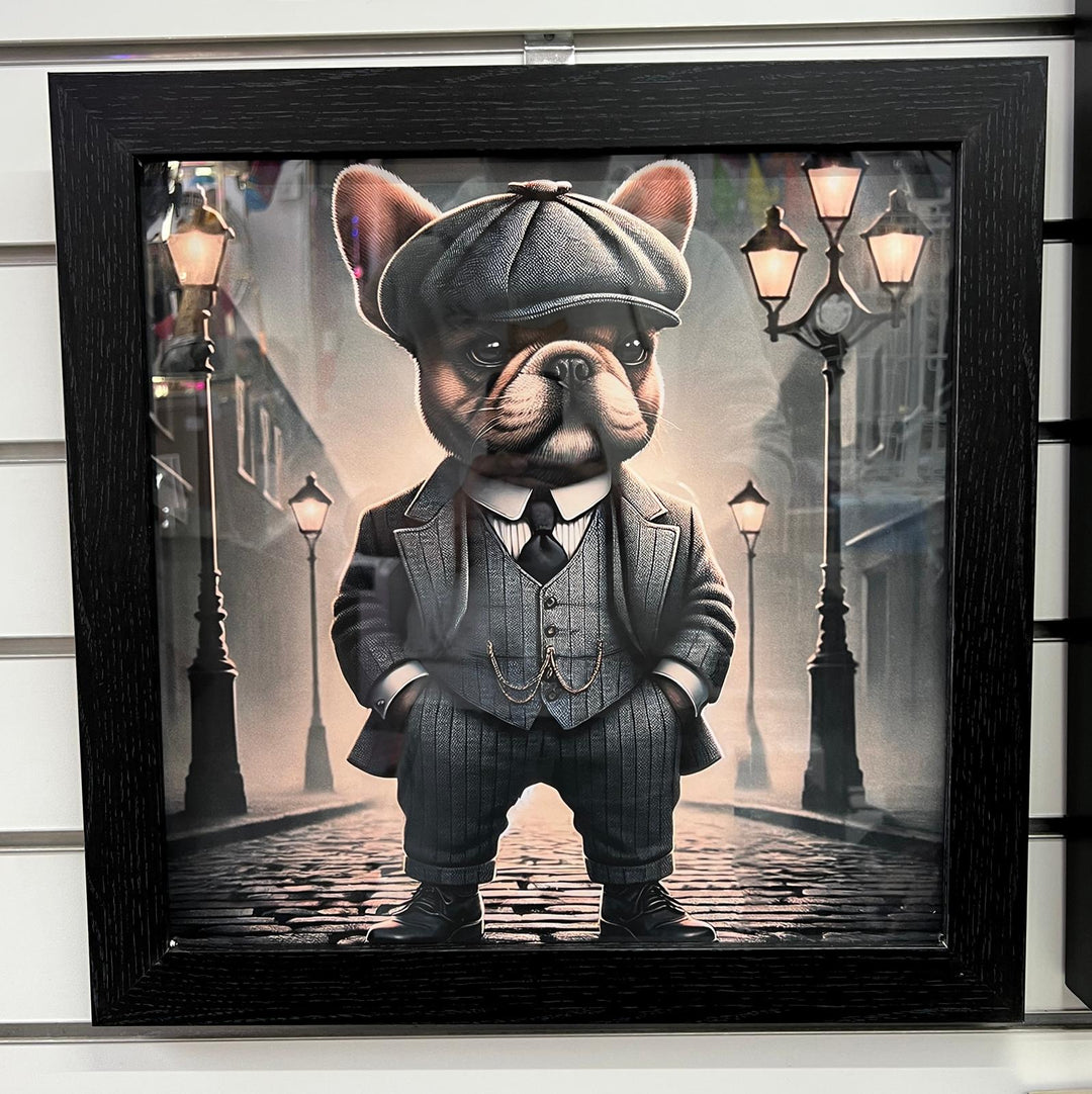 Black framed French Bulldog in a suit & hat picture wall art home decor