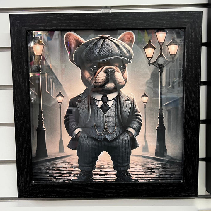 Black framed French Bulldog in a suit & hat picture wall art home decor