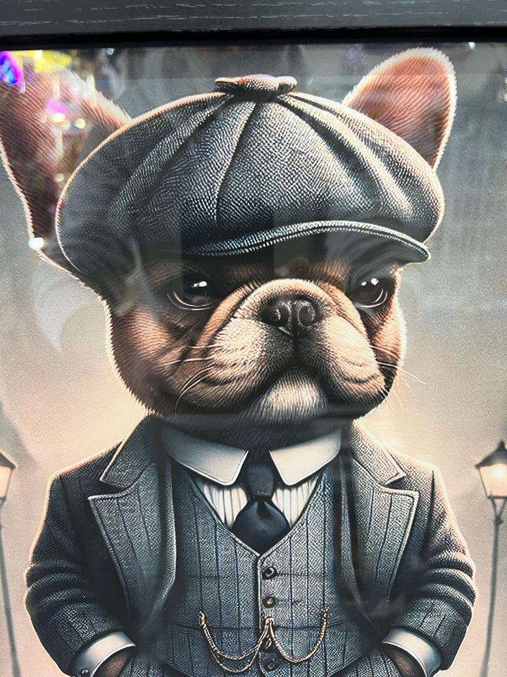 Black framed French Bulldog in a suit & hat picture wall art home decor