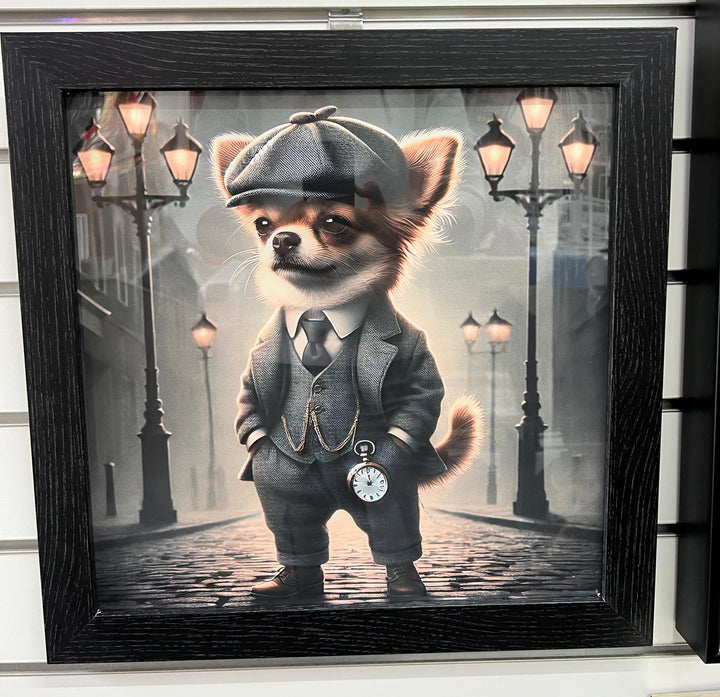 Black framed Chihuahua dog in a suit & hat picture
