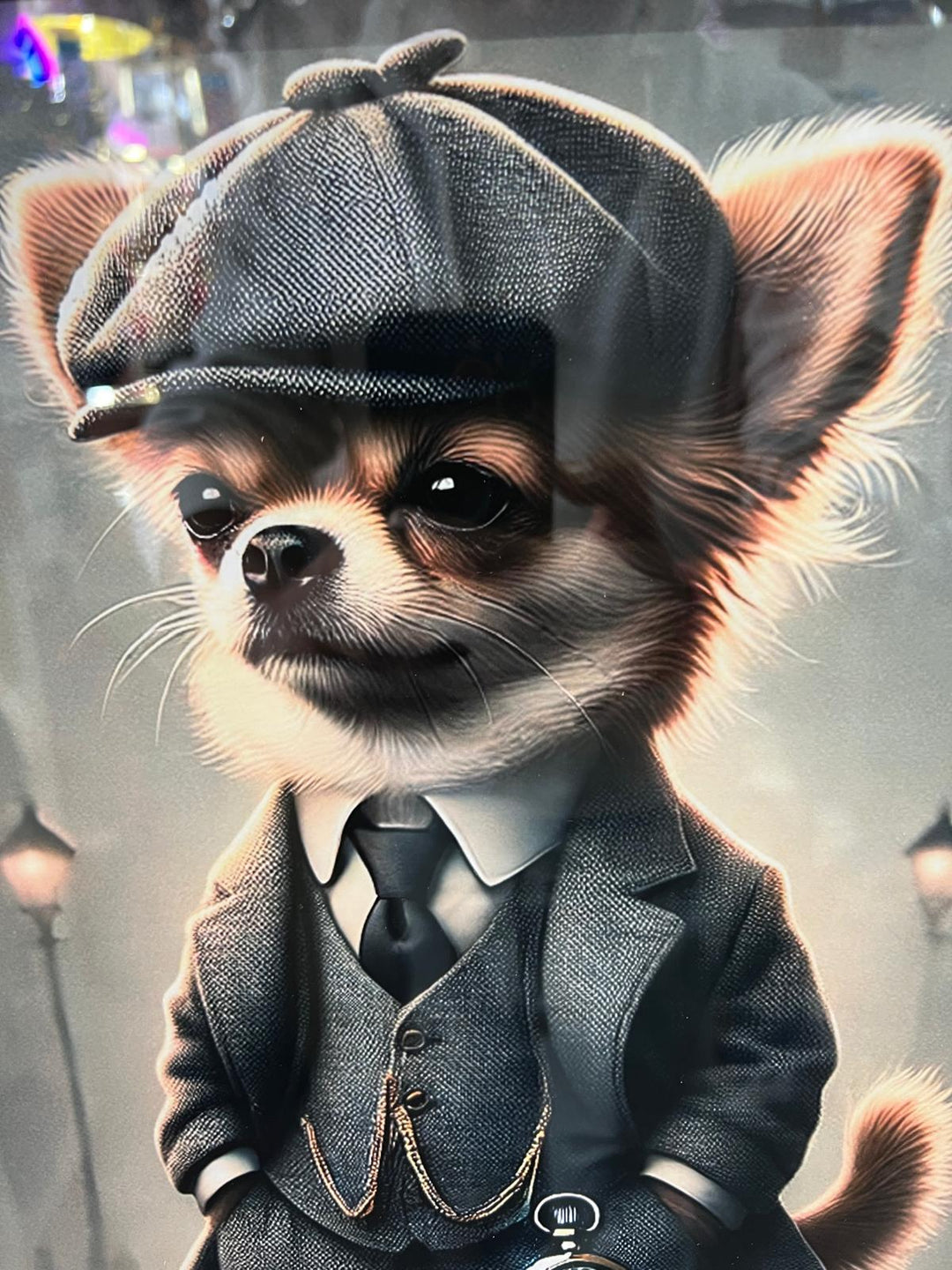 Black framed Chihuahua dog in a suit & hat picture
