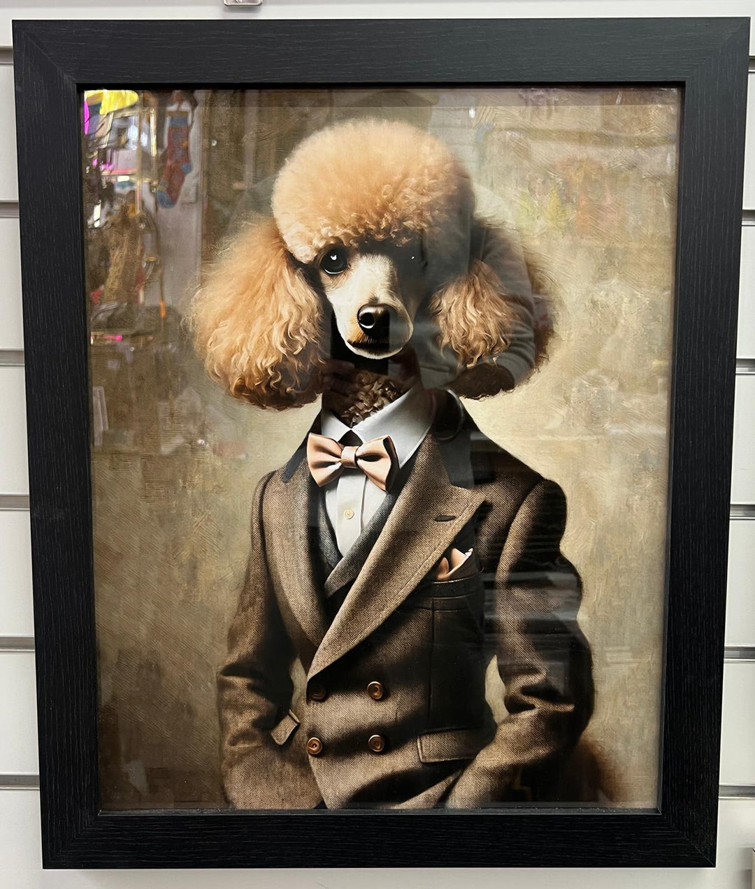 Black framed poodle dog in a suit& bow decorative picture