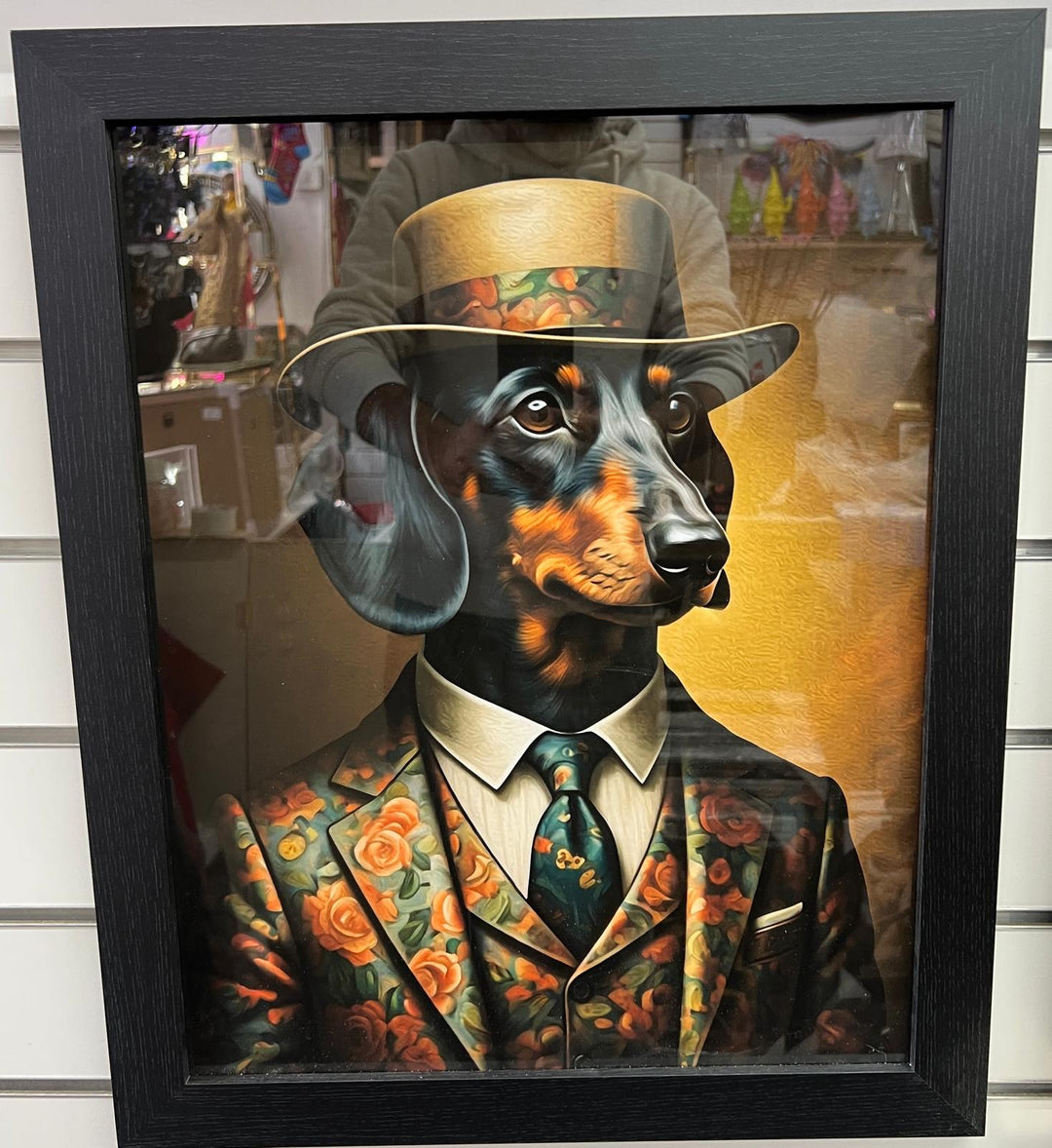 Black framed dachshund dog in suit & bow decorative picture