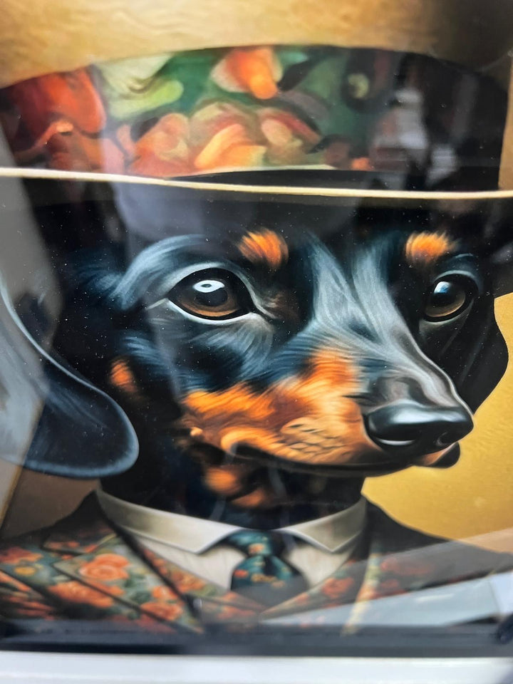 Black framed dachshund dog in suit & bow decorative picture