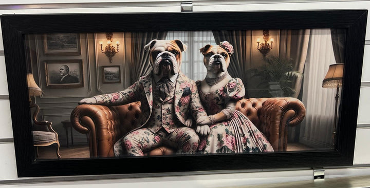 Black framed Bulldog couple in a suit on couch picture