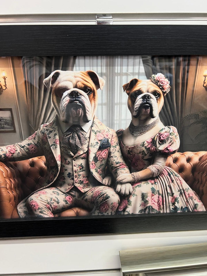 Black framed Bulldog couple in a suit on couch picture