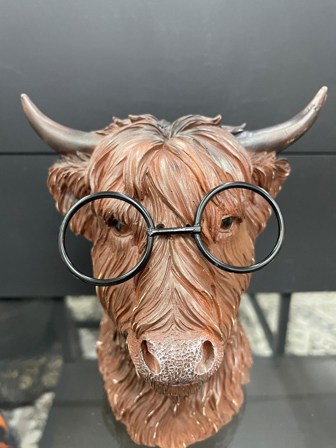Highland Cow bust wearing glasses brown resin ornament decorative home decor