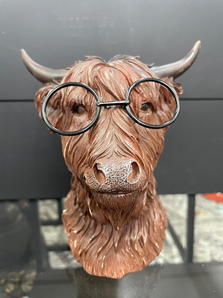 Highland Cow bust wearing glasses brown resin ornament decorative home decor