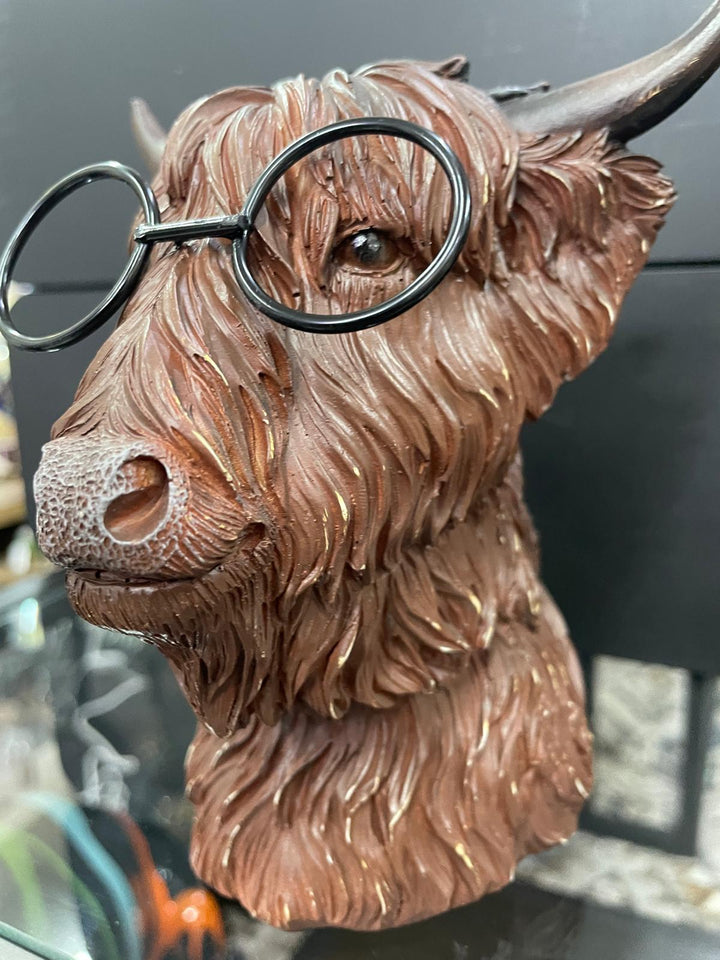 Highland Cow bust wearing glasses brown resin ornament decorative home decor