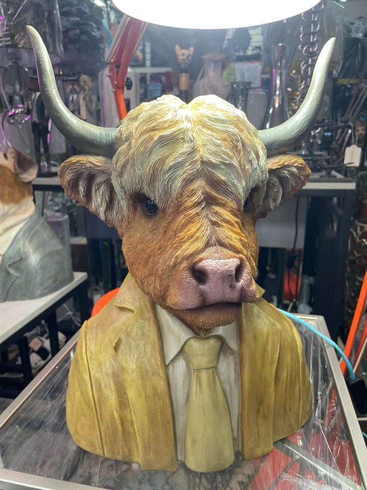 Large Highland Cow bust brown resin wearing suit ornament