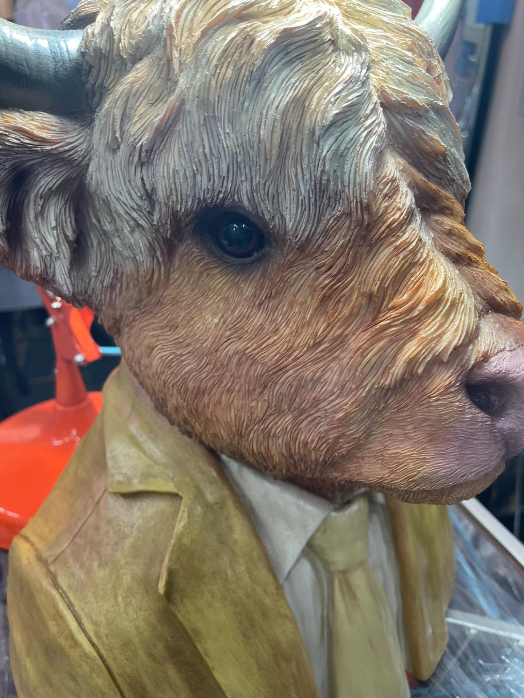 Large Highland Cow bust brown resin wearing suit ornament