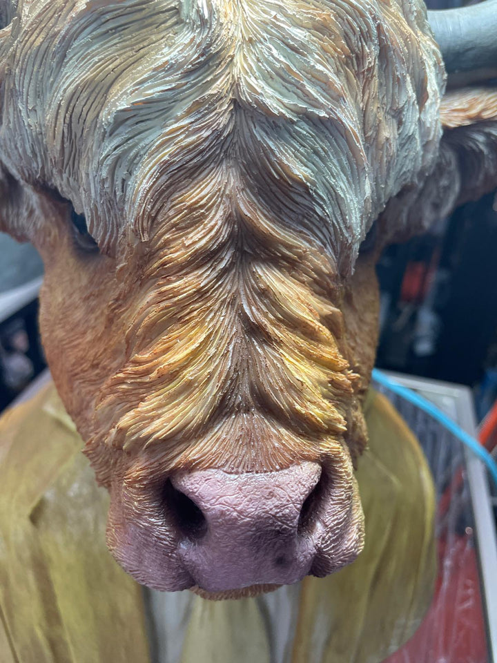 Large Highland Cow bust brown resin wearing suit ornament