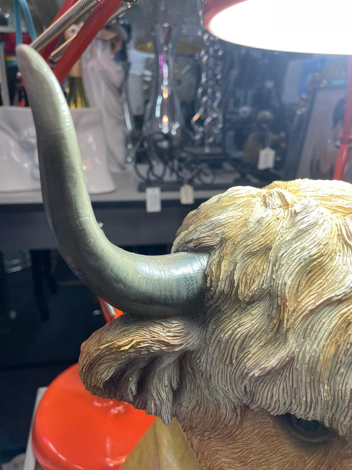 Large Highland Cow bust brown resin wearing suit ornament
