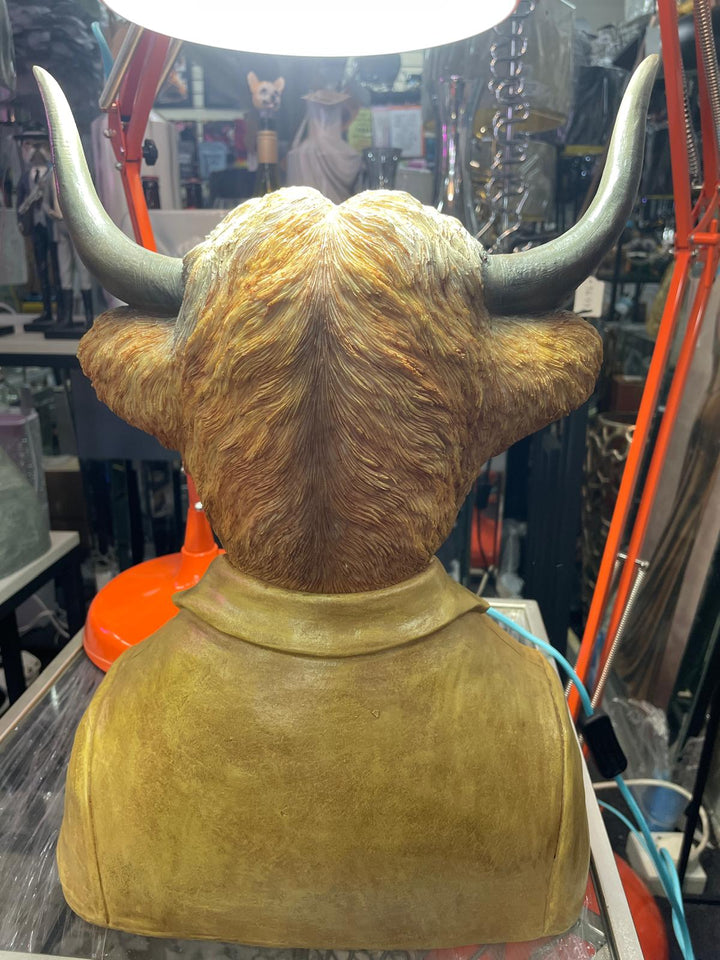 Large Highland Cow bust brown resin wearing suit ornament