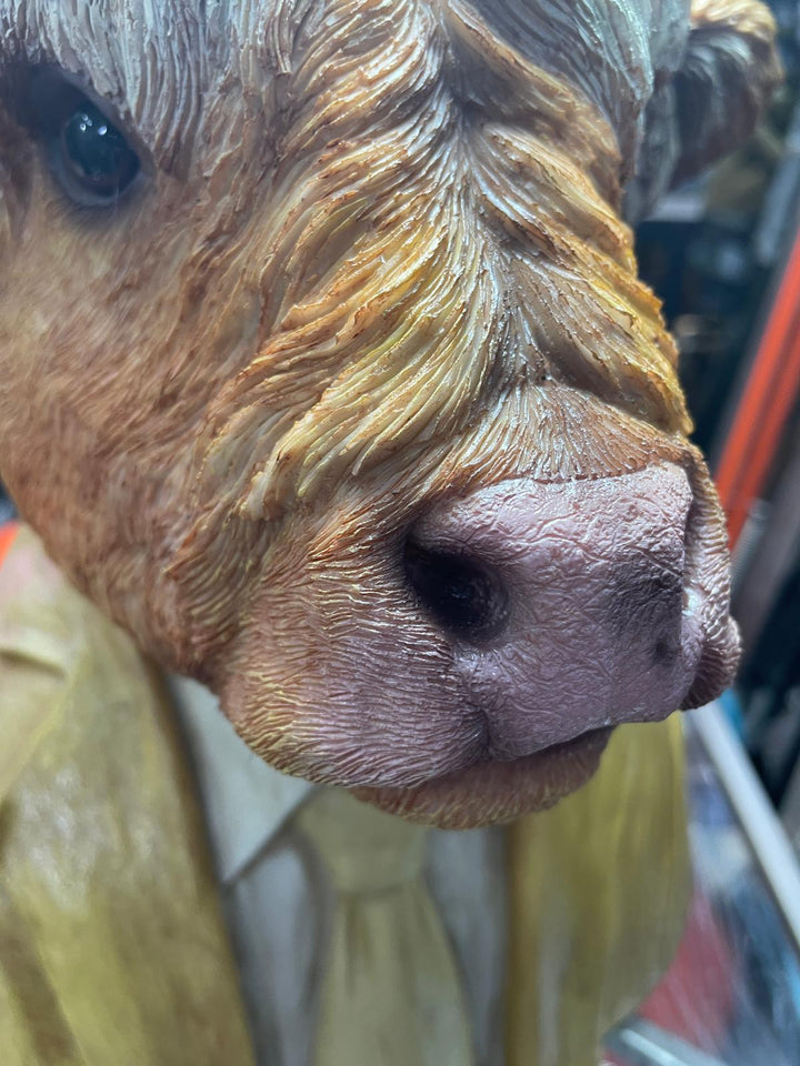 Large Highland Cow bust brown resin wearing suit ornament