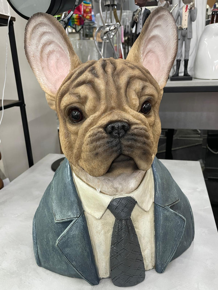 Large French Bulldog bust brown resin wearing suit ornament