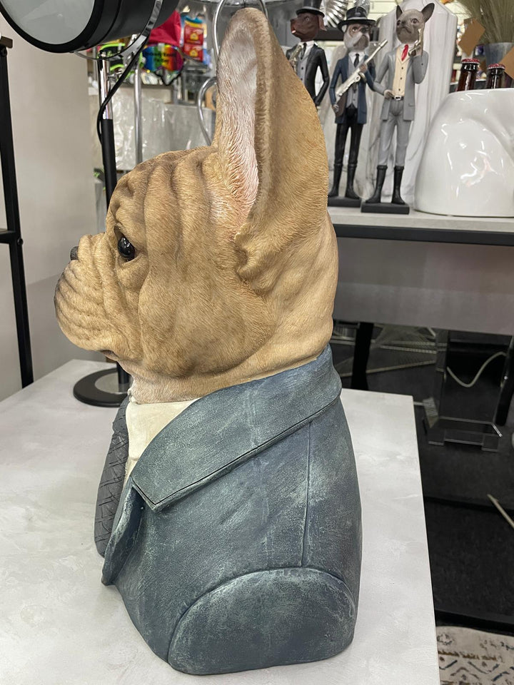 Large French Bulldog bust brown resin wearing suit ornament