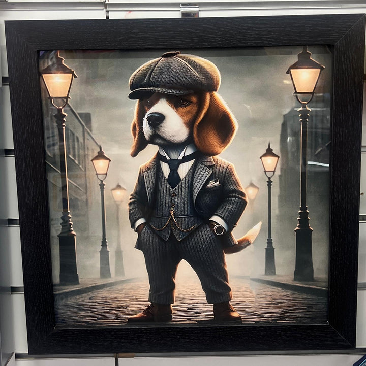 Black framed Beagle dog wearing grey suit picture