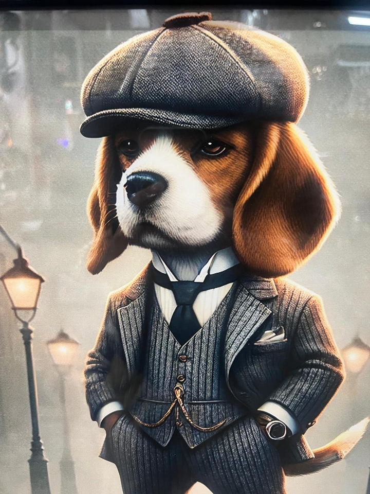 Black framed Beagle dog wearing grey suit picture