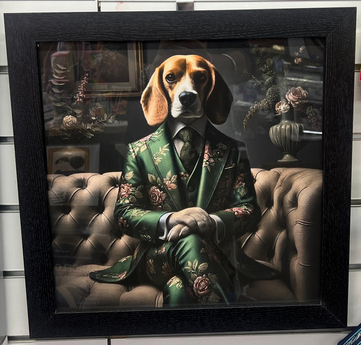 Black & gold step framed Beagle dog in green floral suit picture