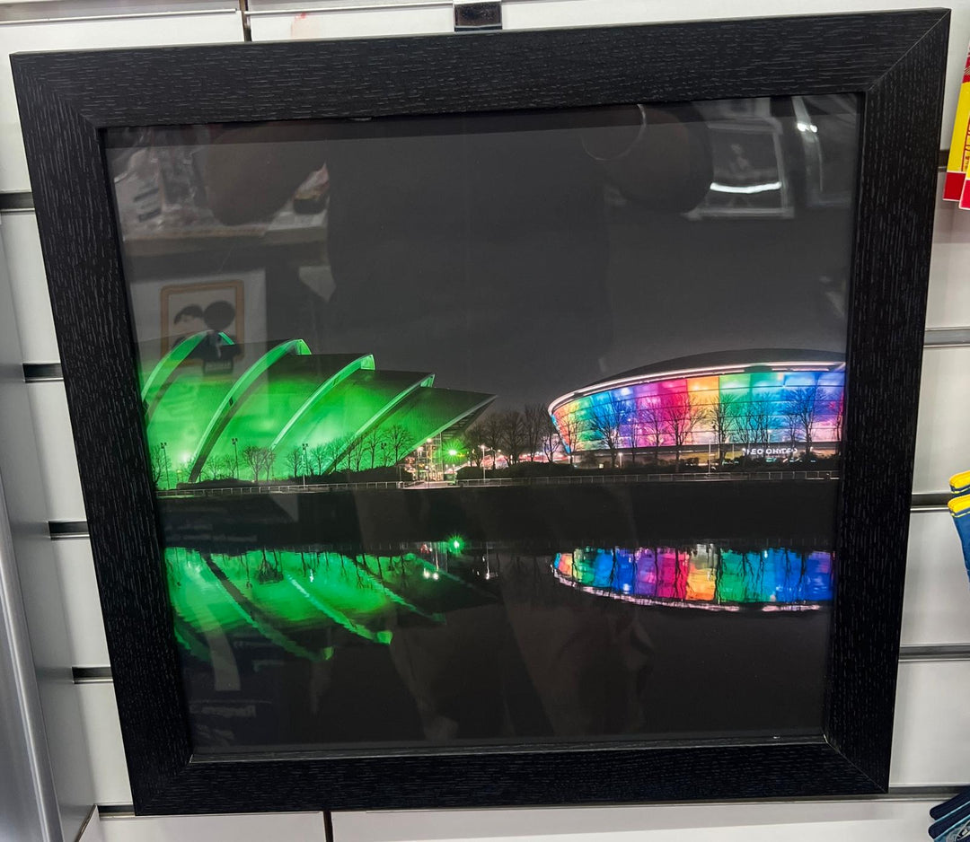 Glasgow night scene Hydro & Armadillo black framed picture