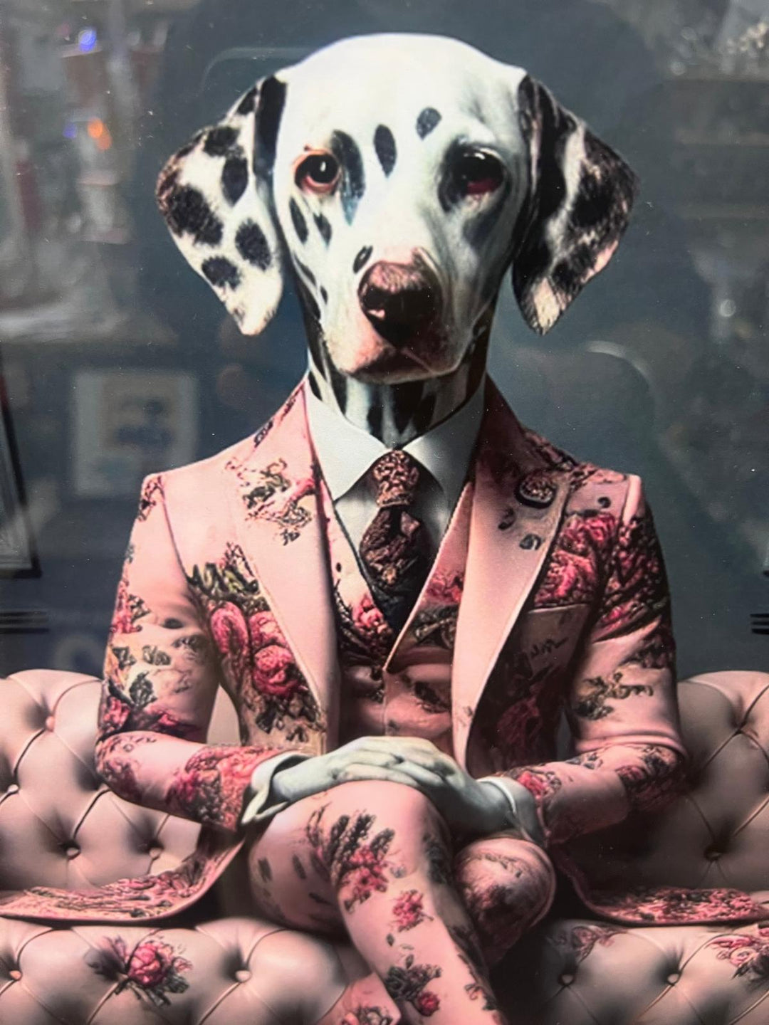 2 Tone Black Chrome step framed dalmatian dog in pink blue suit picture