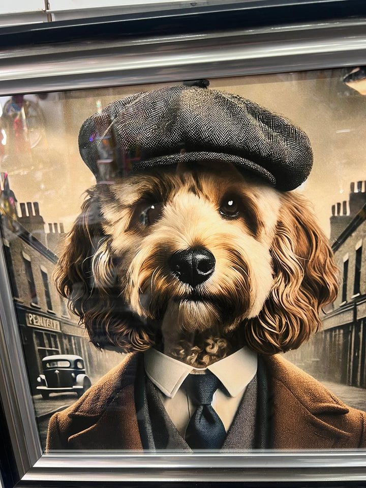 2 Tone Black & Chrome framed cockapoo dog in suit & hat picture wall art quirky
