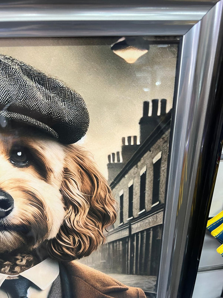 2 Tone Black & Chrome framed cockapoo dog in suit & hat picture wall art quirky