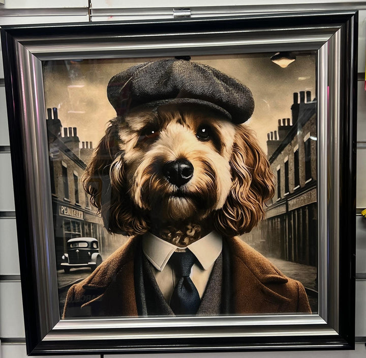 2 Tone Black & Chrome framed cockapoo dog in suit & hat picture wall art quirky