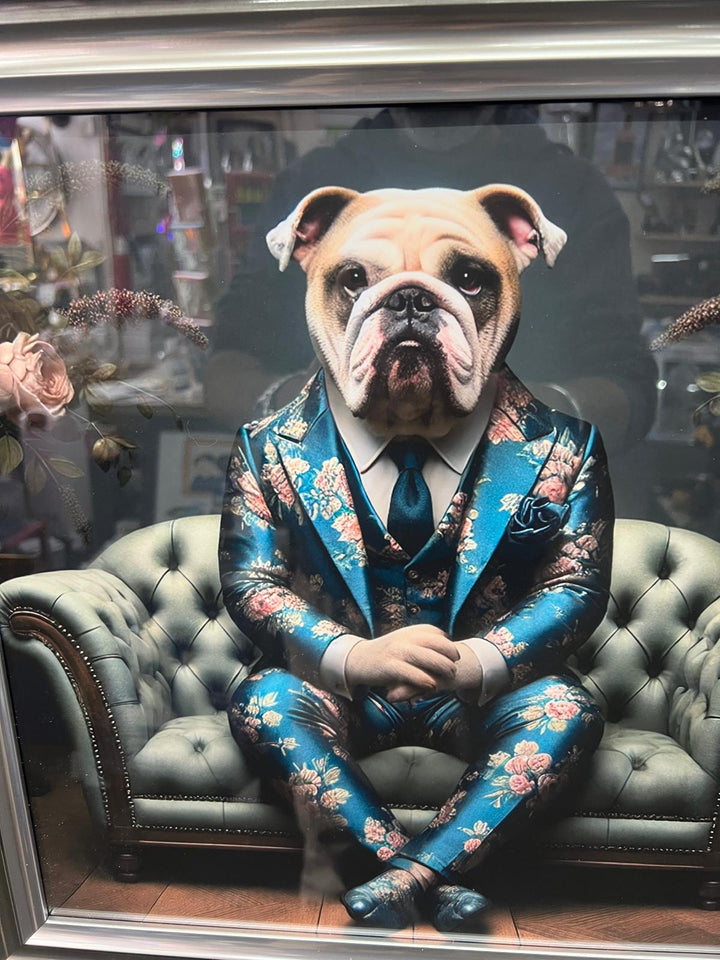 2 Tone Black & Chrome step framed Bulldog in floral blue suit picture