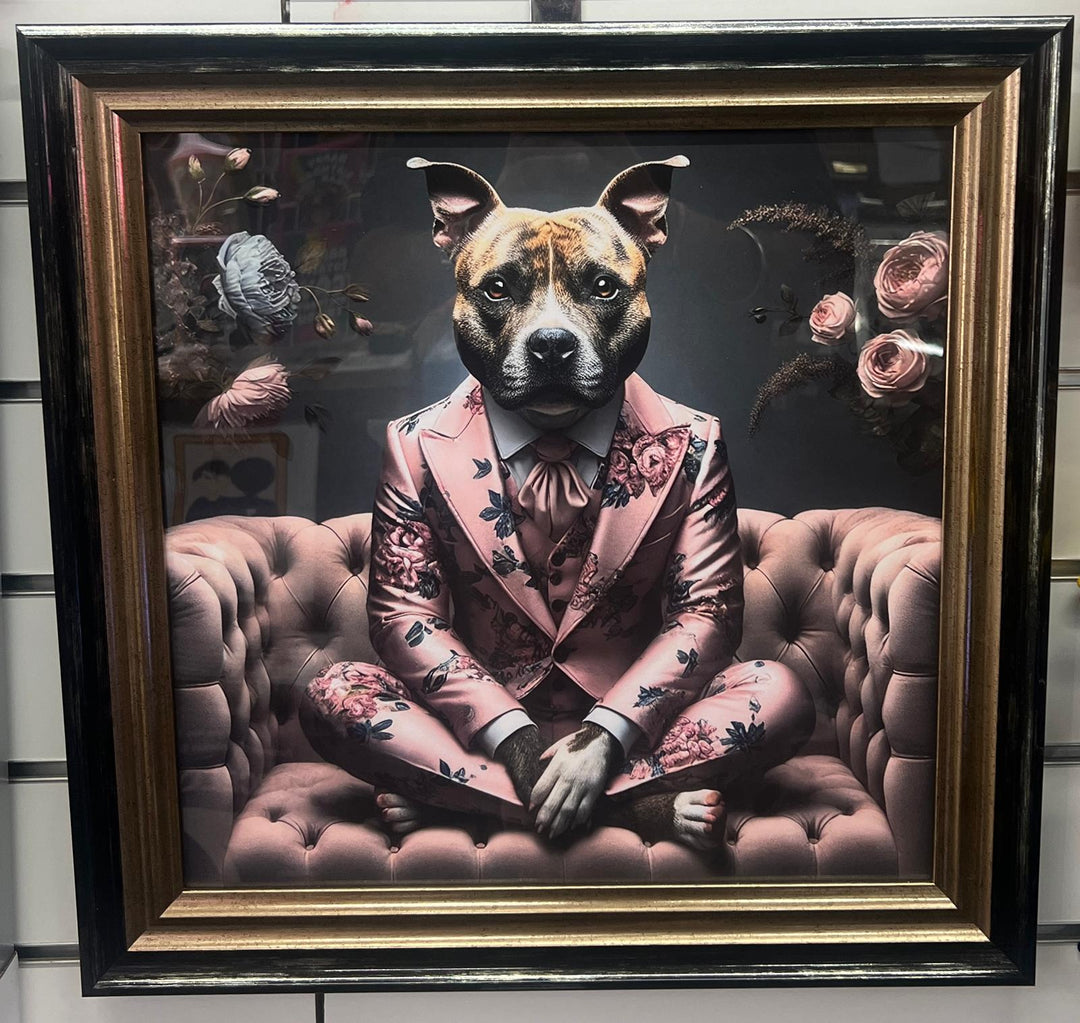 Black & gold step framed Staffy dog in pink floral suit picture