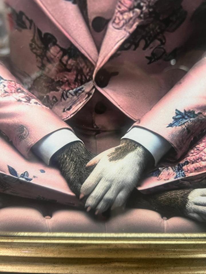 Black & gold step framed Staffy dog in pink floral suit picture