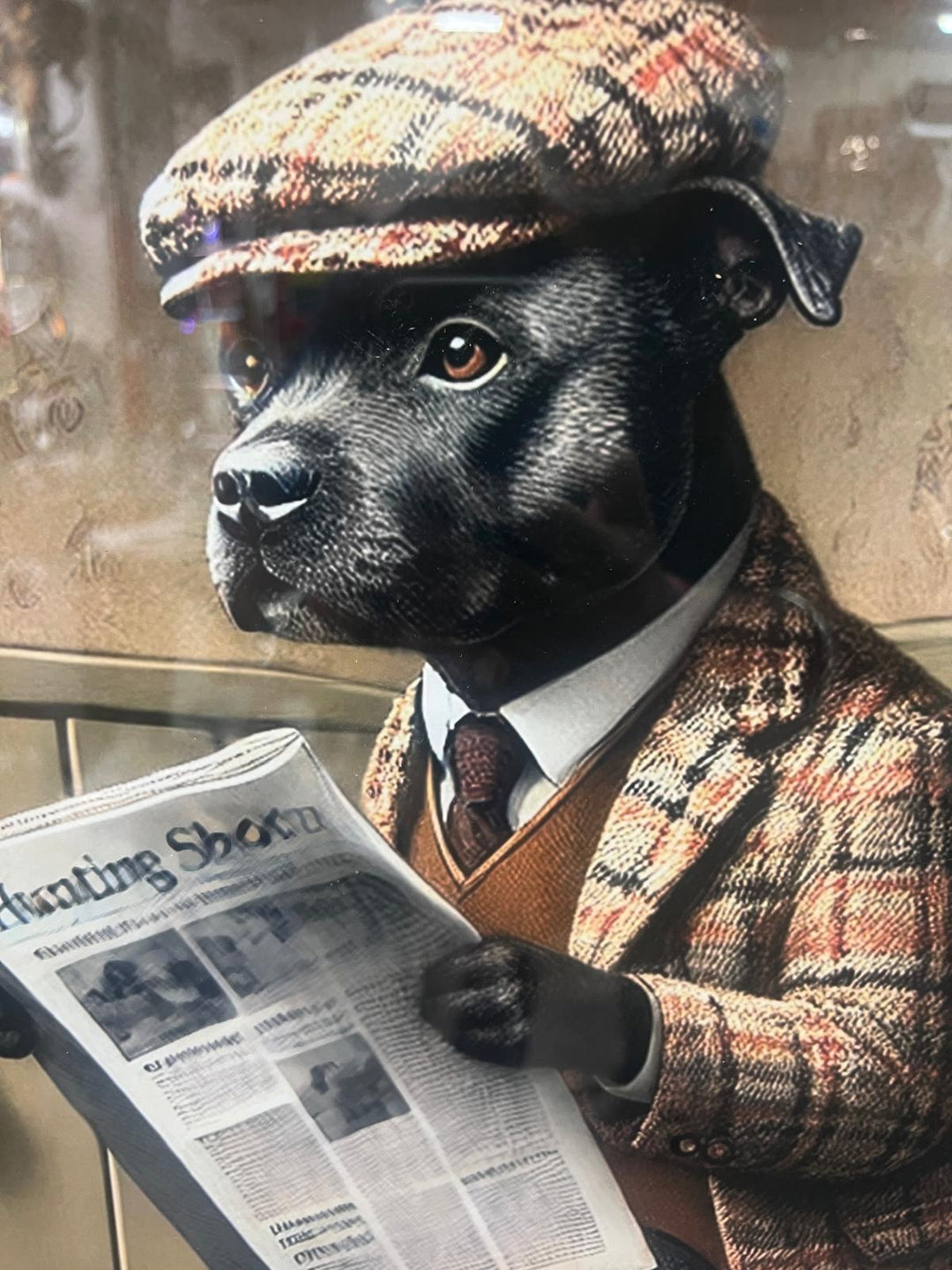 Black Gold step framed Staffy dog checked suit on toilet newspaper picture