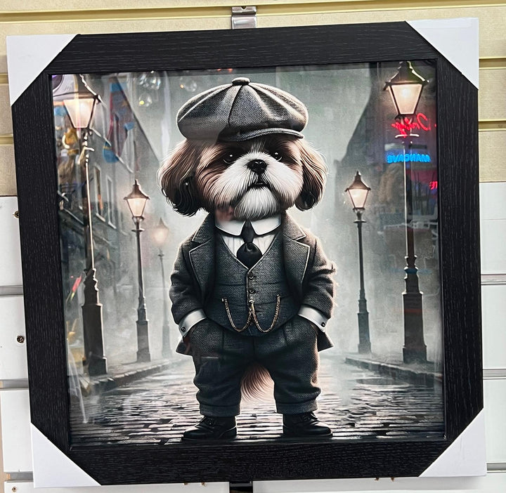 Black framed Shih Tzu dog grey suit picture Peaky Blinders wall art quirky