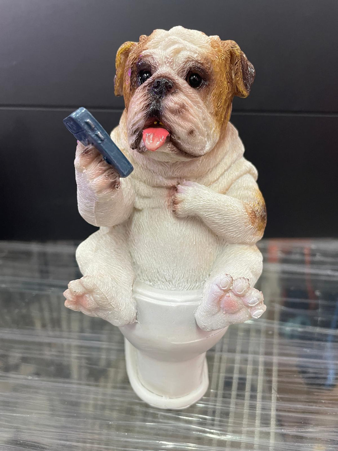 Dogs sitting on the loo with mobile phones quirky ornament
