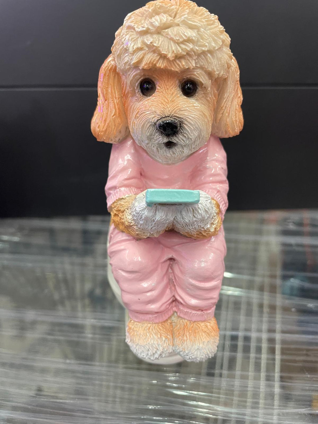 Dogs sitting on the loo with mobile phones quirky ornament