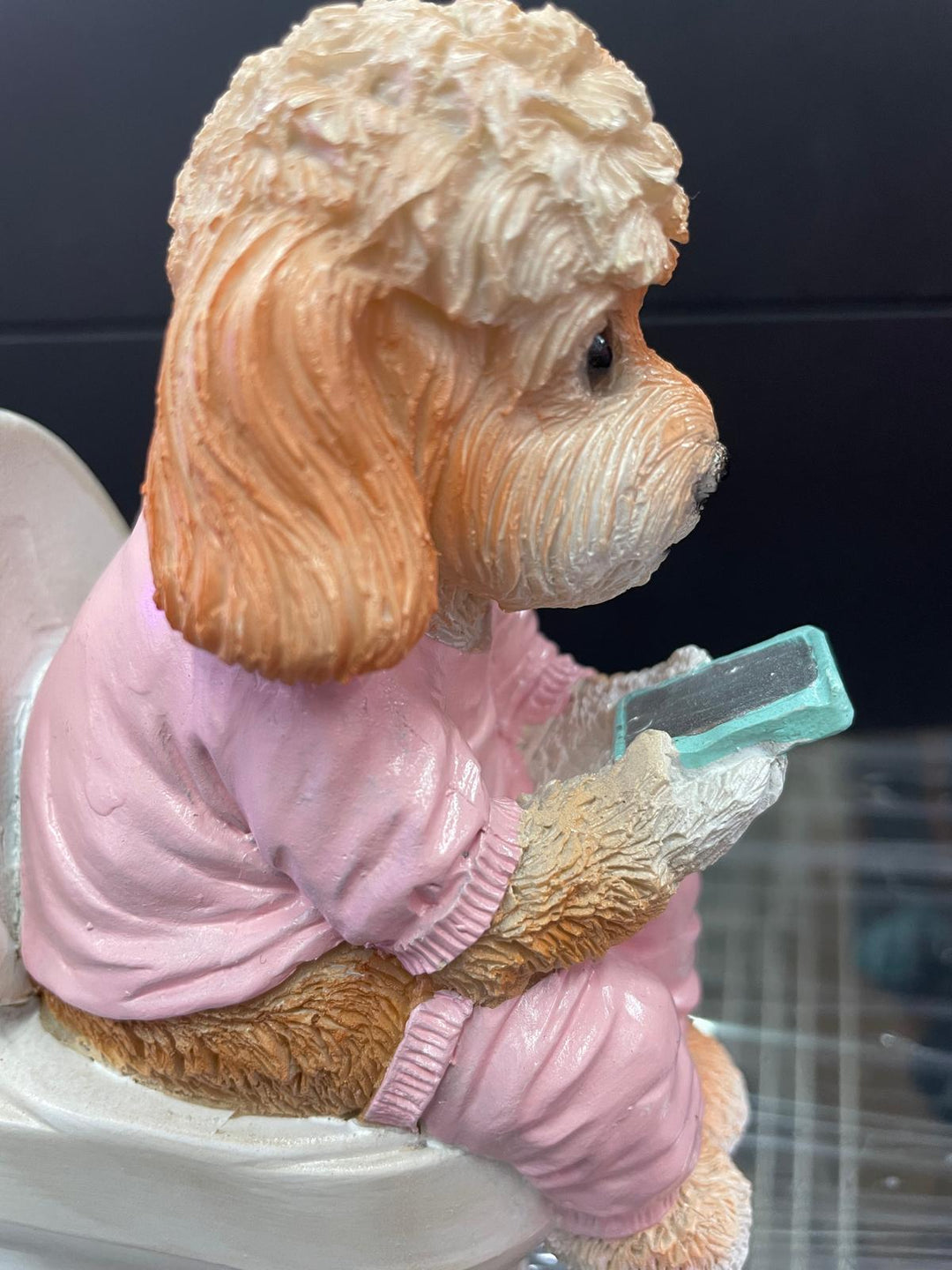 Dogs sitting on the loo with mobile phones quirky ornament