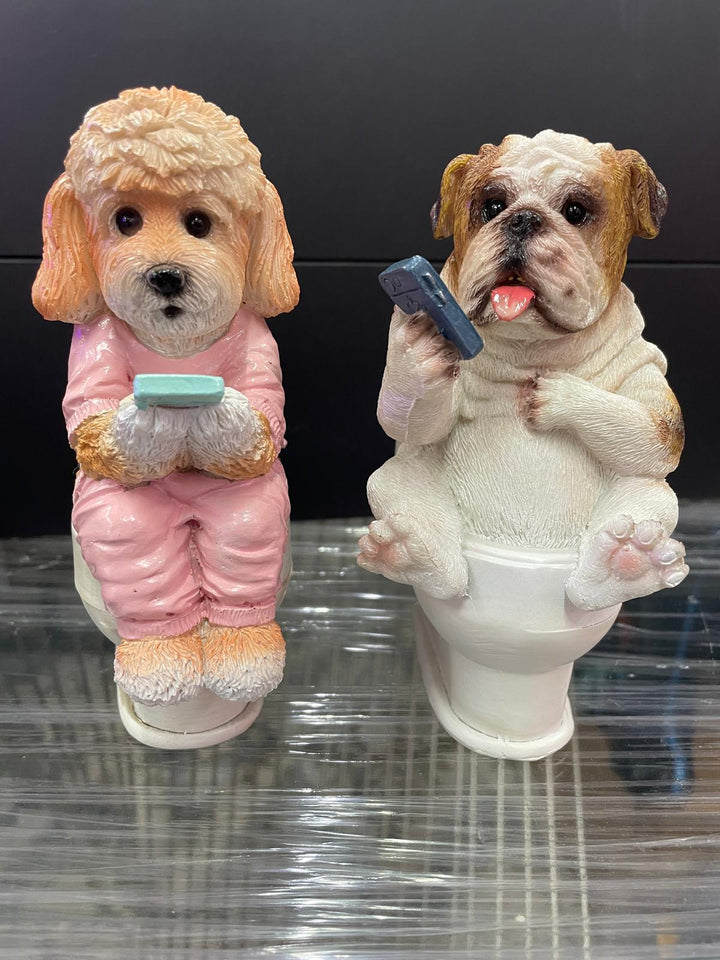 Dogs sitting on the loo with mobile phones quirky ornament