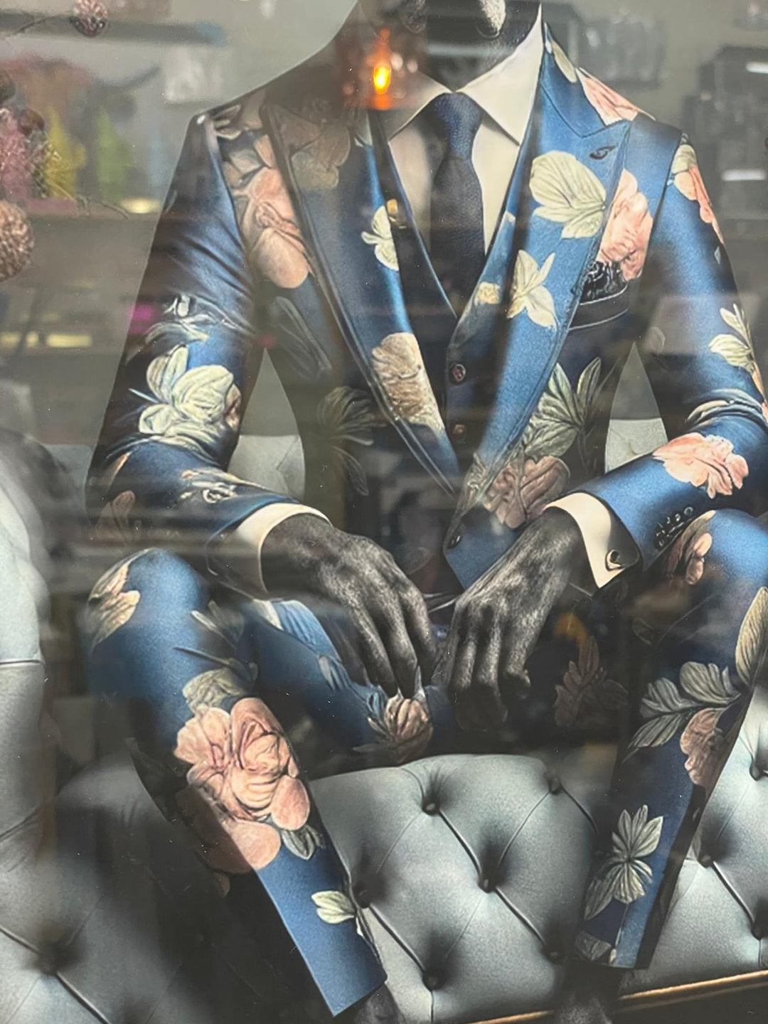 Black step framed Great Dane dog in blue floral suit picture