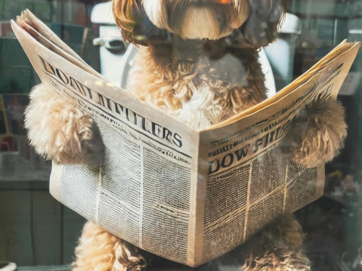 Black and Black & gold step frame Cocka Poo dog on toilet seat newspaper picture