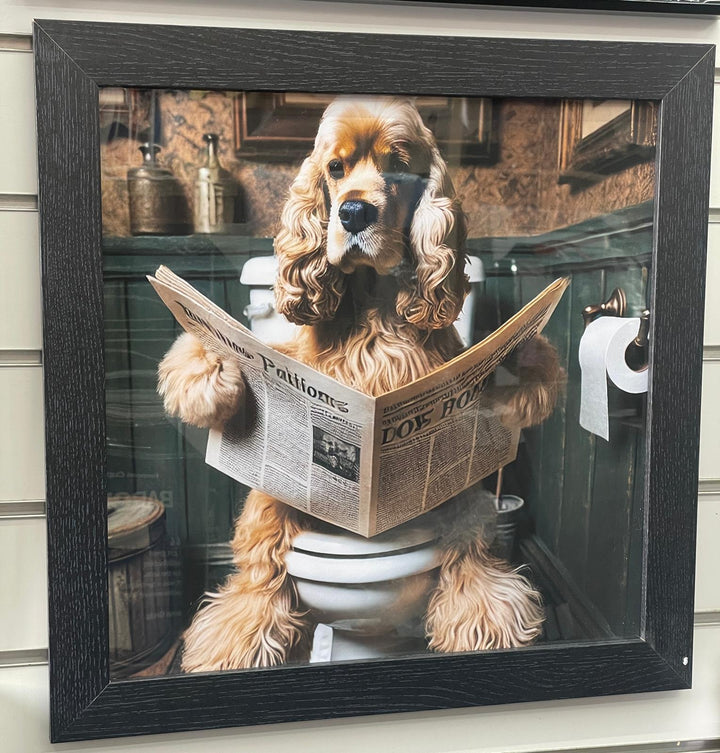 Black framed Cocker Spaniel on the toilet picture quirky wall art home décor