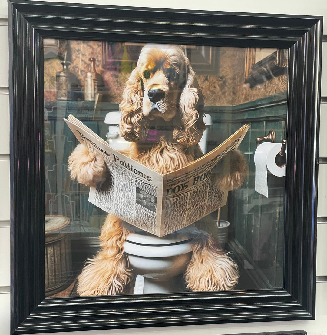 Black framed Cocker Spaniel on the toilet picture quirky wall art home décor
