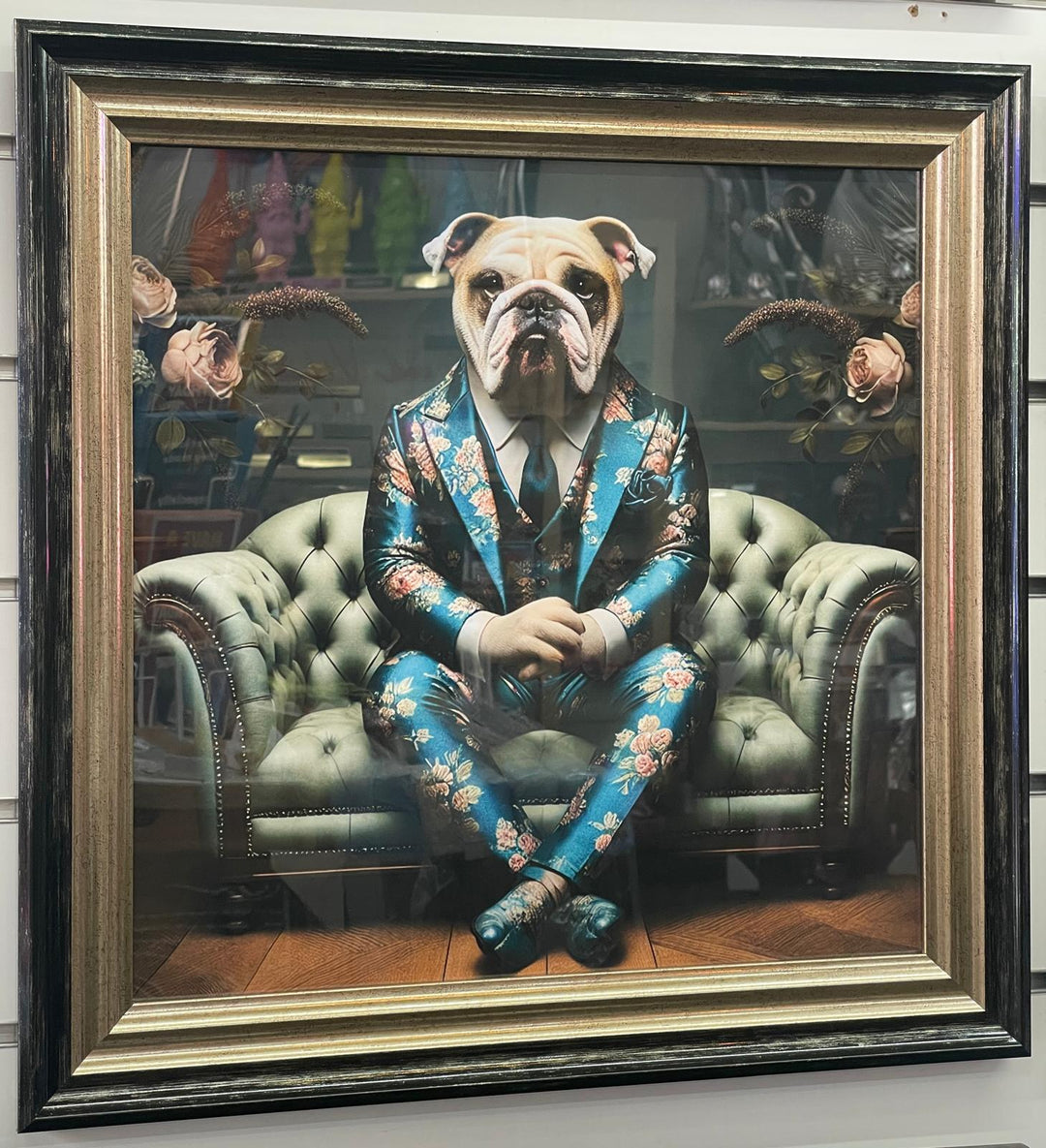 2 Tone Black & Gold step frame Bulldog floral blue suit picture