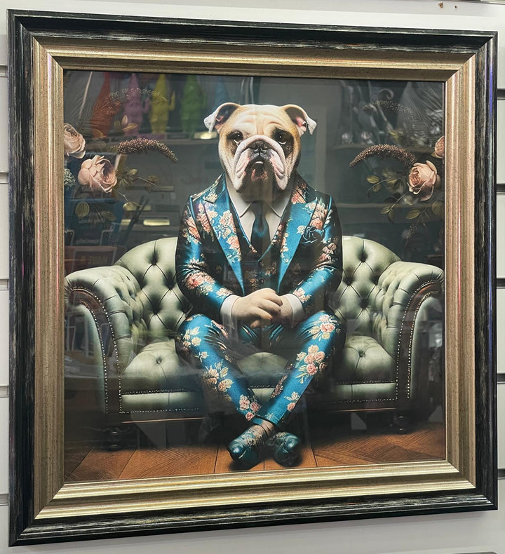 2 Tone Black & Gold step frame Bulldog floral blue suit picture